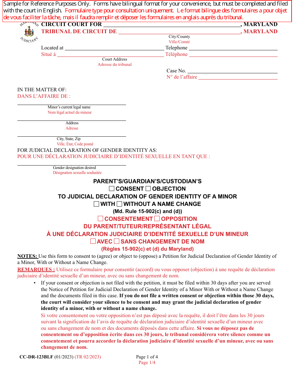 Form CC-DR-123BLF Parents / Guardians / Custodians Consent / Objection to Judicial Declaration of Gender Identity of a Minor With / Without a Name Change (Md. Rule 15-902(C) and (D)) - Maryland (English / French), Page 1