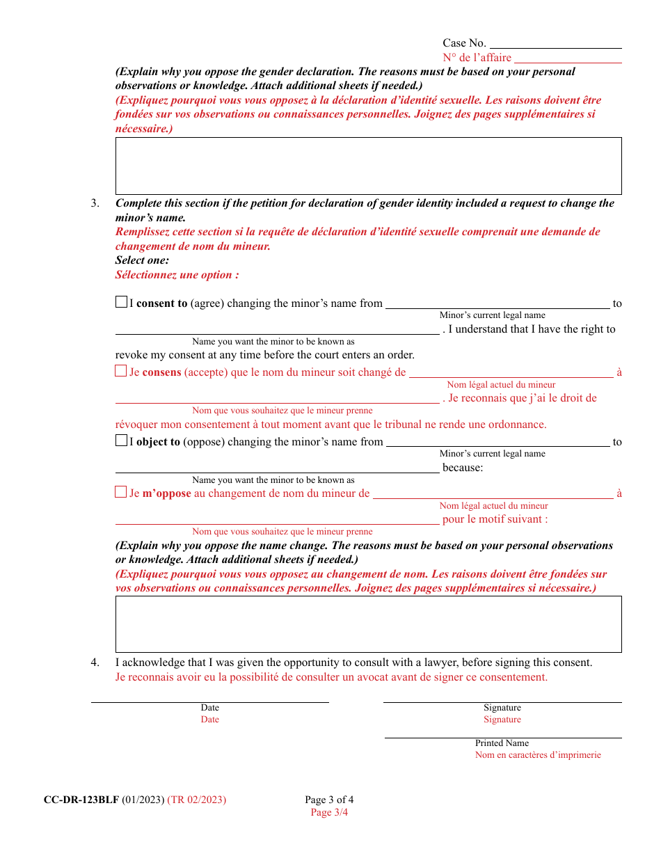 Form CC-DR-123BLF Parents / Guardians / Custodians Consent / Objection to Judicial Declaration of Gender Identity of a Minor With / Without a Name Change (Md. Rule 15-902(C) and (D)) - Maryland (English / French), Page 3