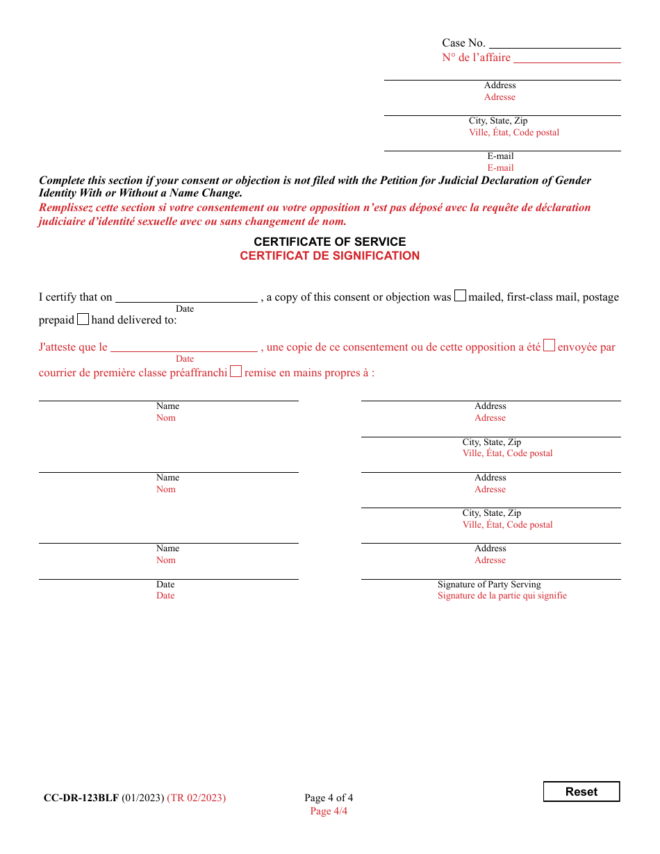 Form CC-DR-123BLF Parents / Guardians / Custodians Consent / Objection to Judicial Declaration of Gender Identity of a Minor With / Without a Name Change (Md. Rule 15-902(C) and (D)) - Maryland (English / French), Page 4