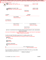 Document preview: Form CC-GN-046BLF Notice to Interested Persons Whose Whereabouts Are Unknown (Md. Rule 10-402(F)) - Maryland (English/French)
