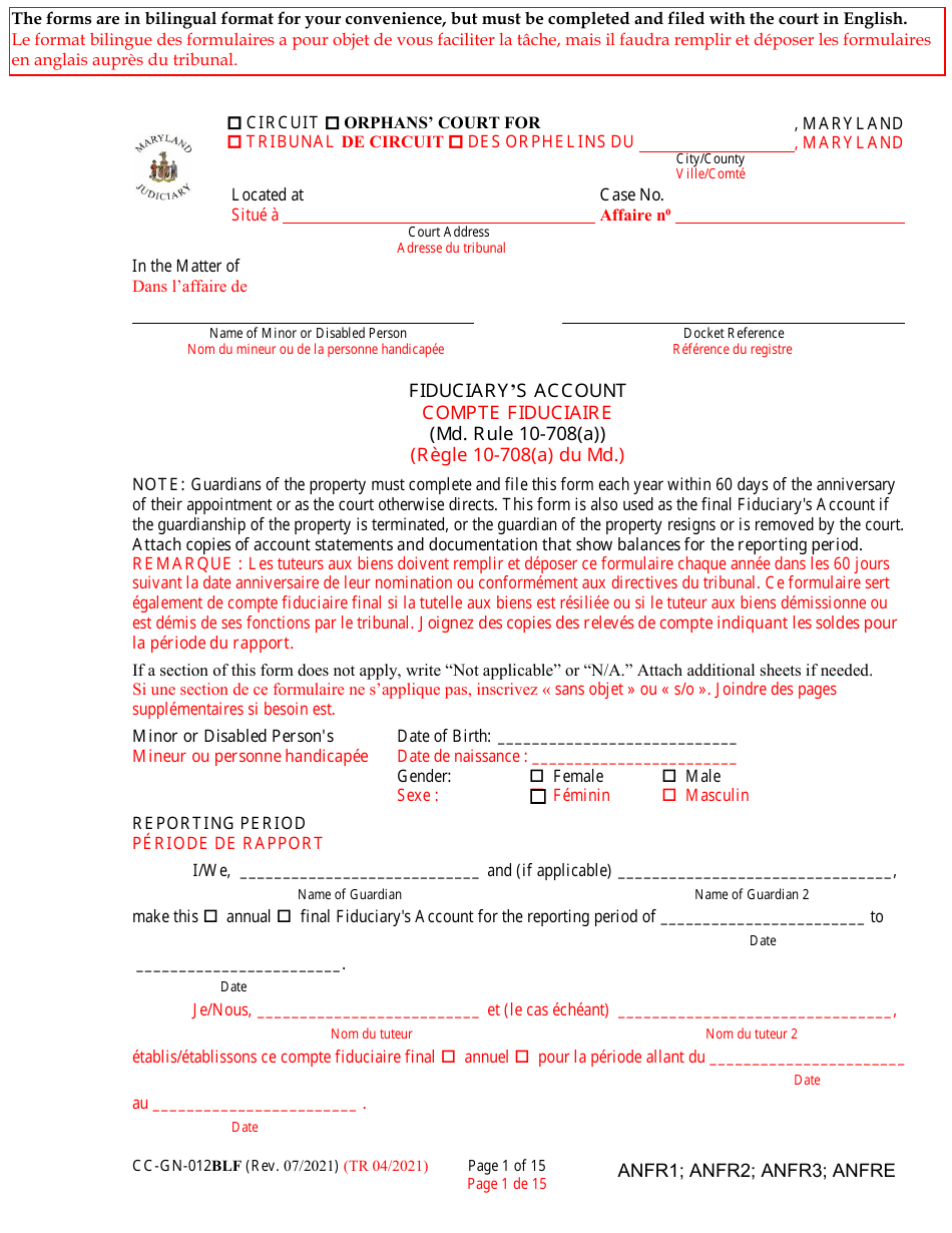 Form CC-GN-012BLF Fiduciarys Account (Md. Rule 10-708(A)) - Maryland (English / French), Page 1