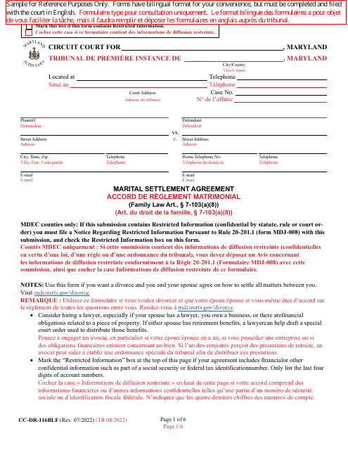 Form CC-DR-116BLF Marital Settlement Agreement - Maryland (English/French)