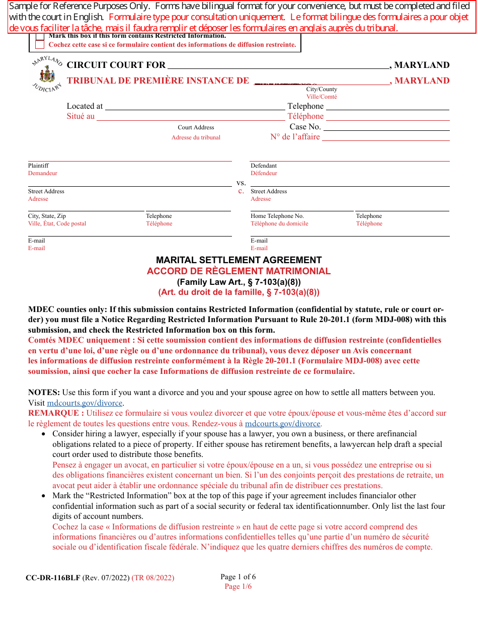 Form CC-DR-116BLF Marital Settlement Agreement - Maryland (English / French), Page 1