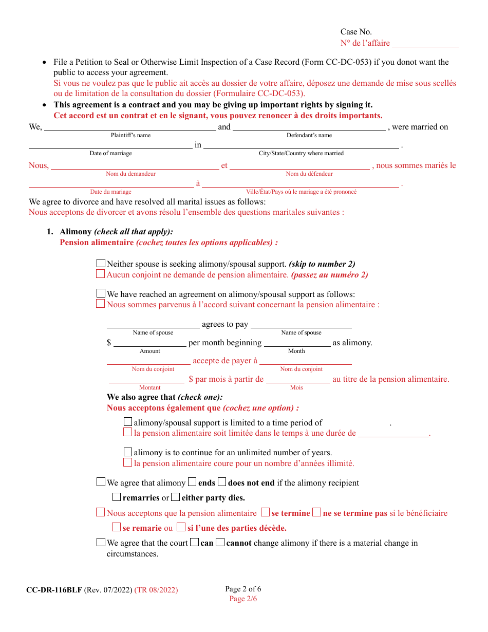 Form CC-DR-116BLF Marital Settlement Agreement - Maryland (English / French), Page 2