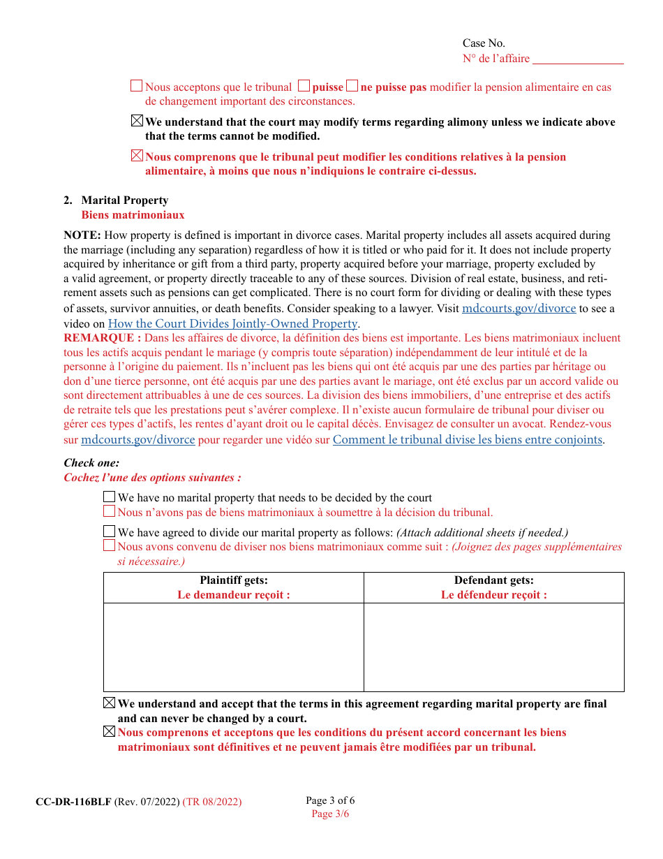 Form CC-DR-116BLF Marital Settlement Agreement - Maryland (English / French), Page 3