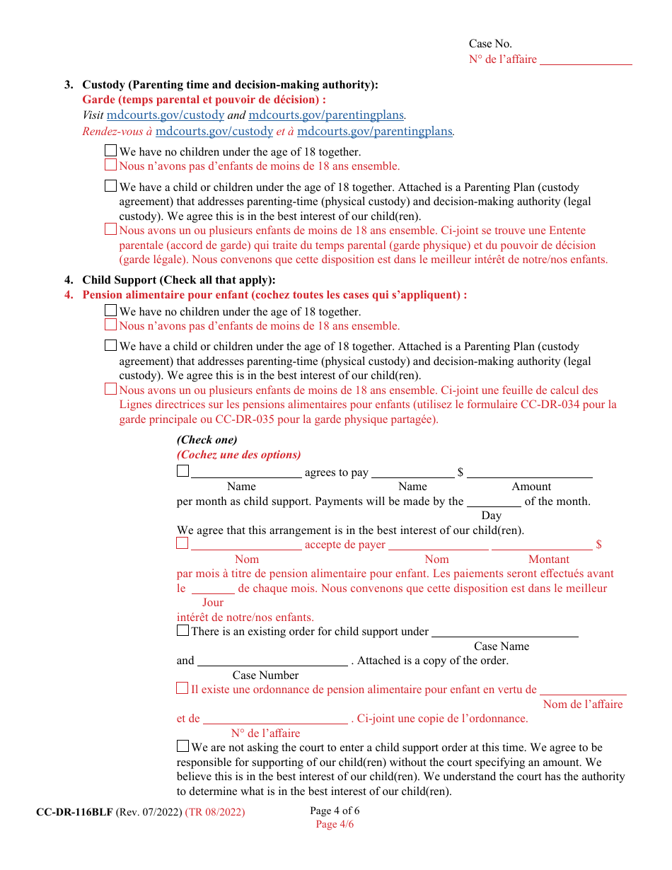 Form CC-DR-116BLF Marital Settlement Agreement - Maryland (English / French), Page 4