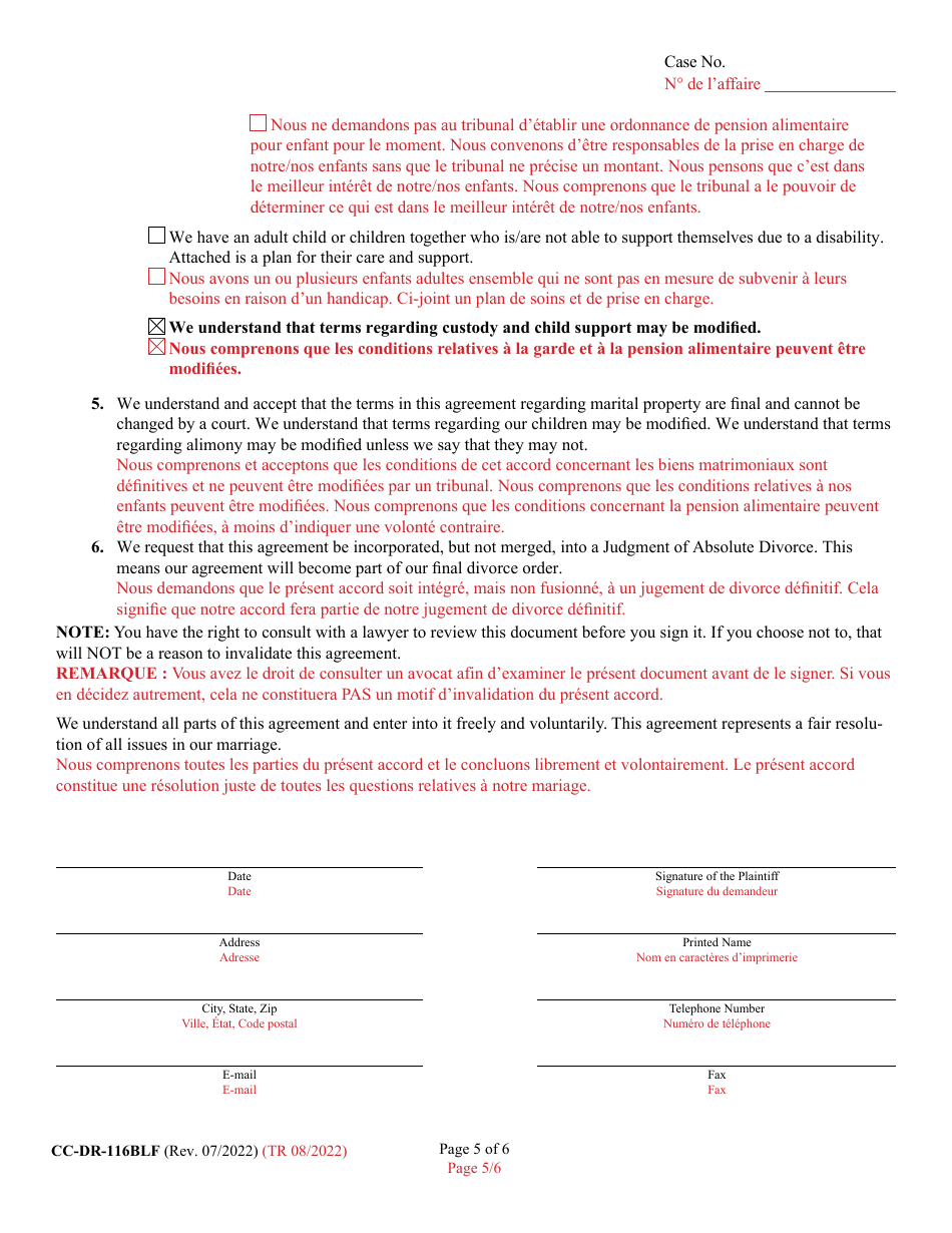 Form CC-DR-116BLF Marital Settlement Agreement - Maryland (English / French), Page 5