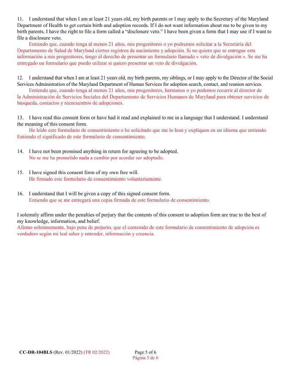 Form CC-DR-104BLS Consent of Child to an Independent Adoption - Maryland (English / Spanish), Page 5