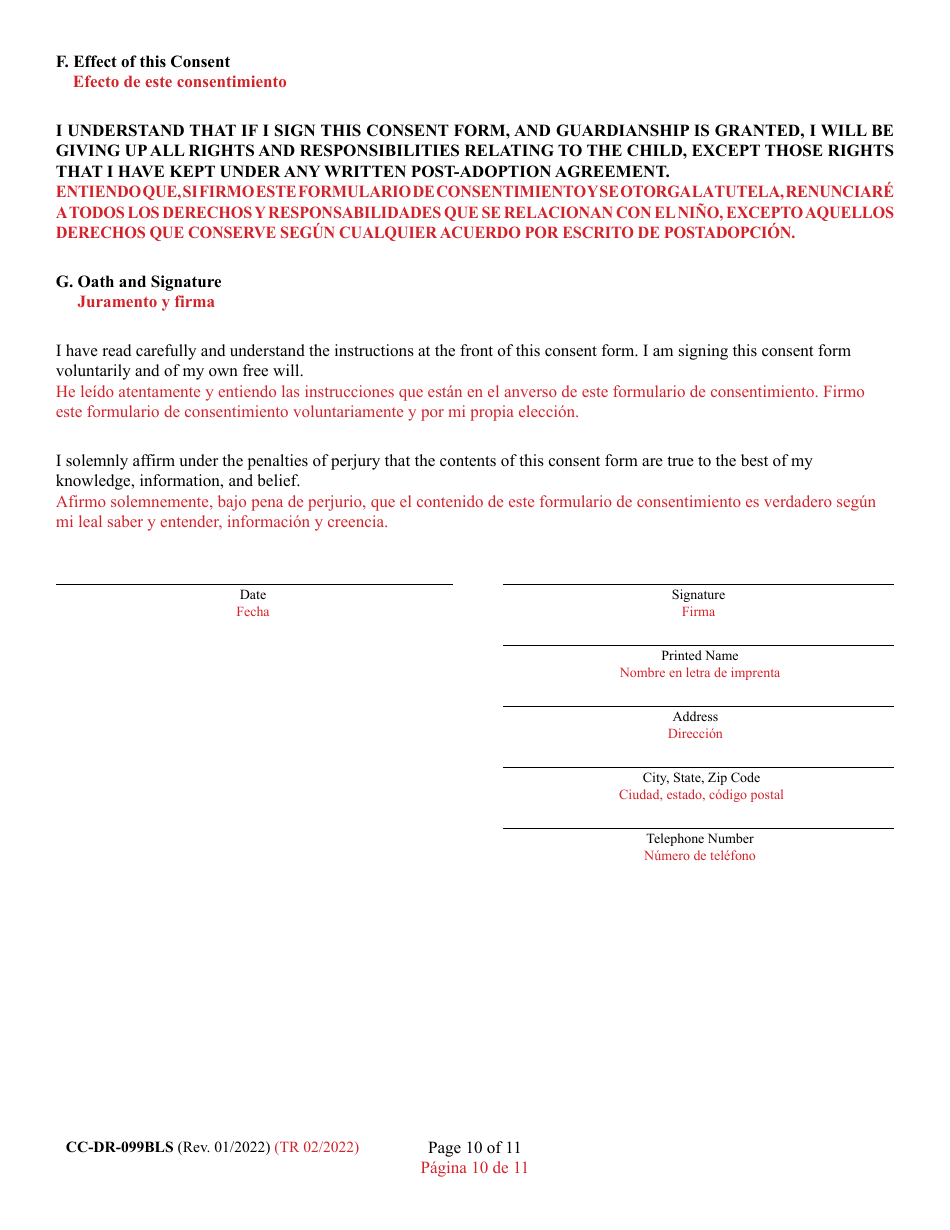Form CC-DR-099BLS Consent of Parent to a Private Agency Guardianship - Maryland (English / Spanish), Page 10