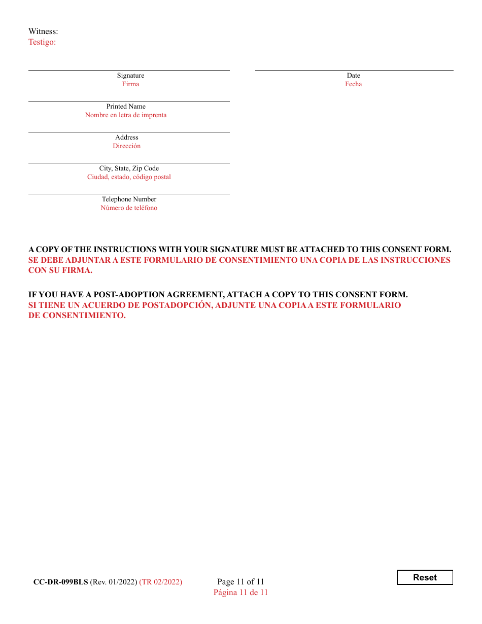 Form CC-DR-099BLS Consent of Parent to a Private Agency Guardianship - Maryland (English / Spanish), Page 11