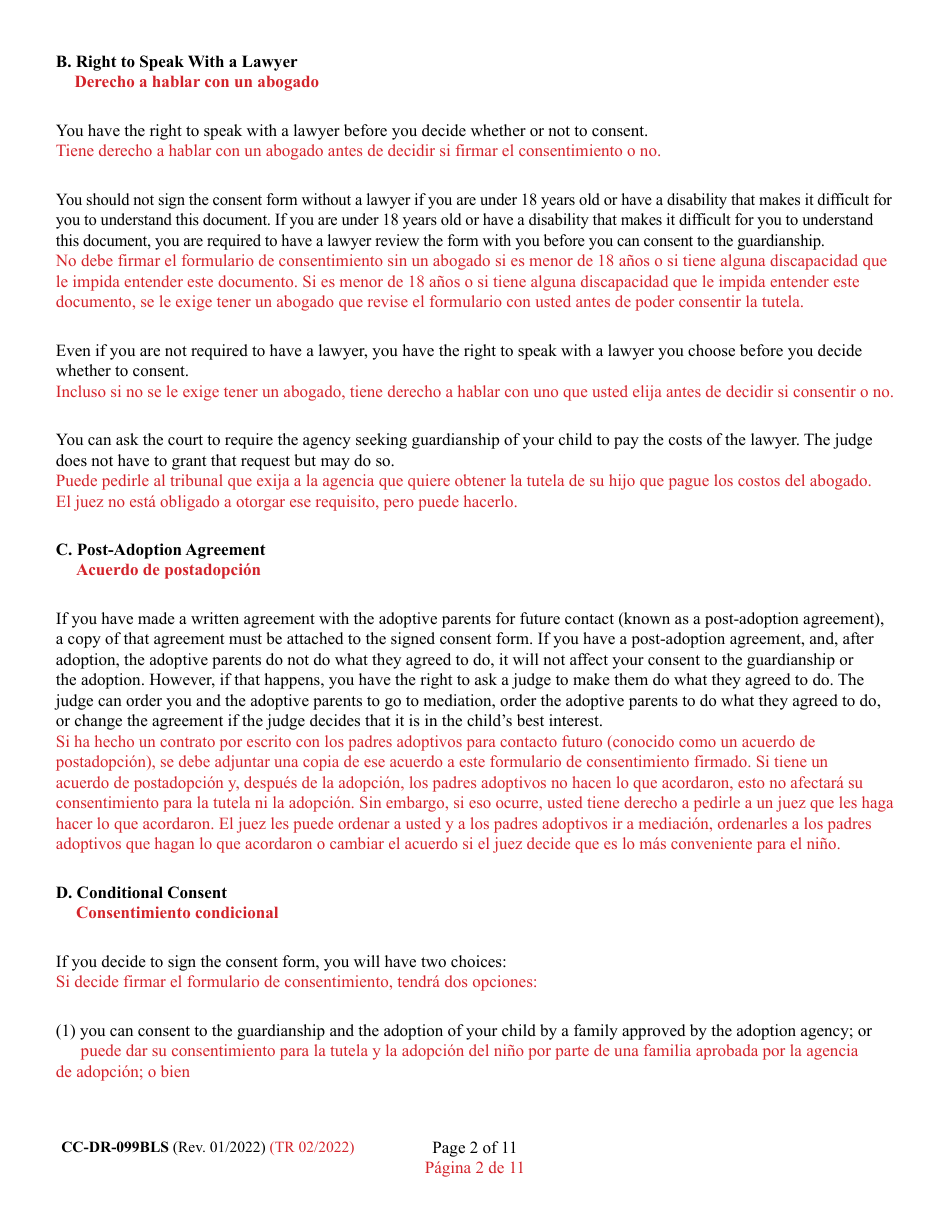 Form CC-DR-099BLS Consent of Parent to a Private Agency Guardianship - Maryland (English / Spanish), Page 2