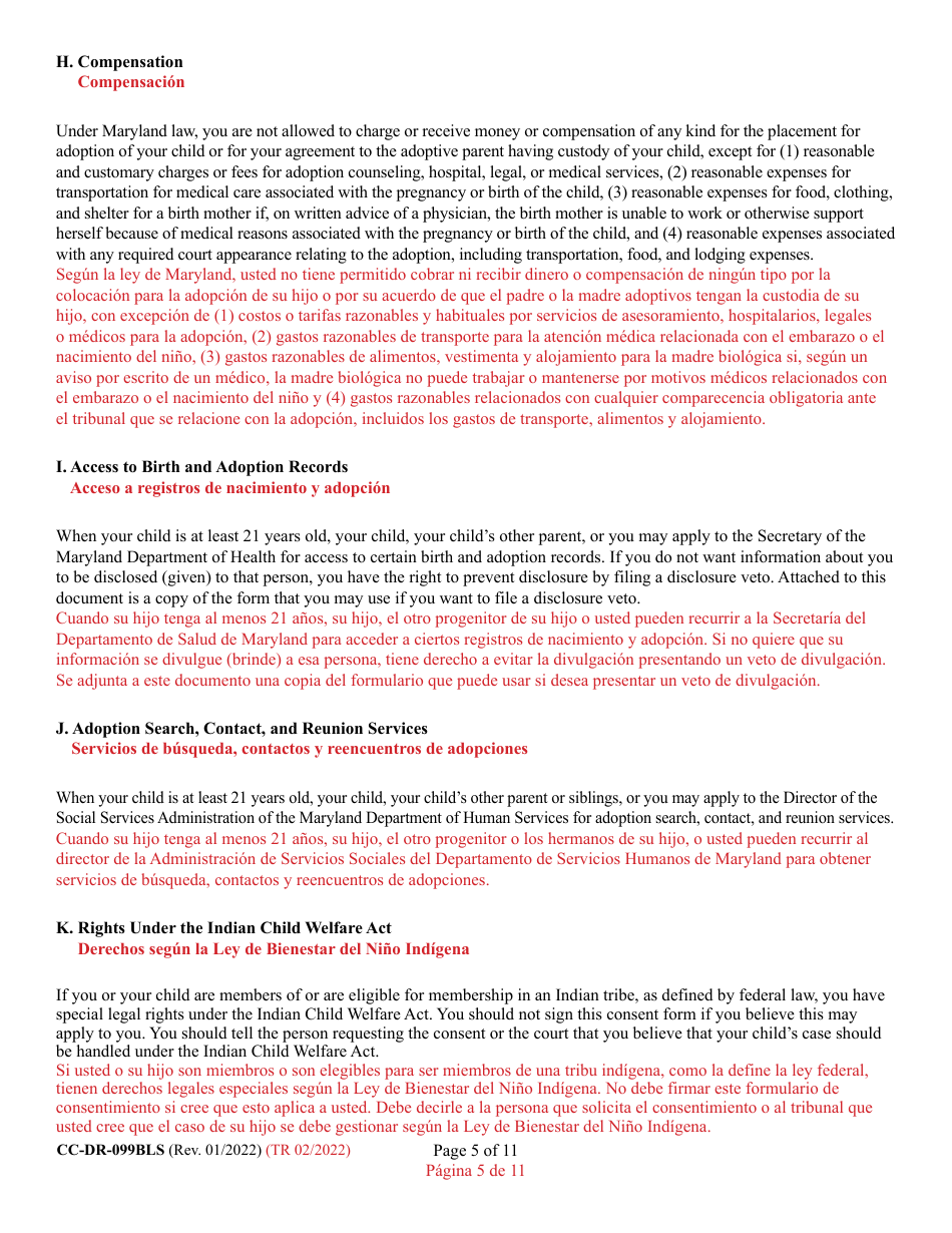 Form CC-DR-099BLS Consent of Parent to a Private Agency Guardianship - Maryland (English / Spanish), Page 5