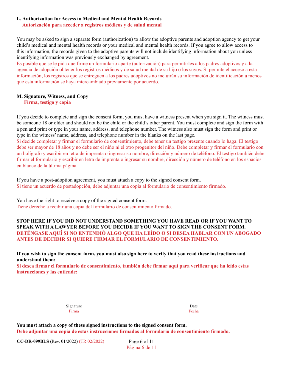 Form CC-DR-099BLS Consent of Parent to a Private Agency Guardianship - Maryland (English / Spanish), Page 6