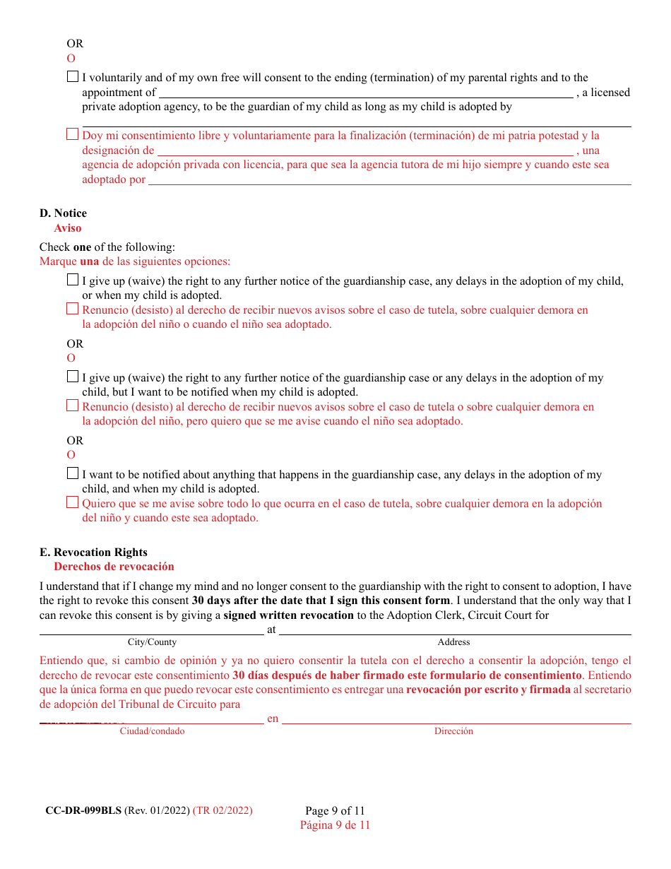Form CC-DR-099BLS Consent of Parent to a Private Agency Guardianship - Maryland (English / Spanish), Page 9