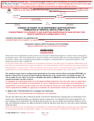 Document preview: Form CC-DR-102BLF Consent of Parent to an Independent Adoption Without Termination of Parental Rights - Maryland (English/French)