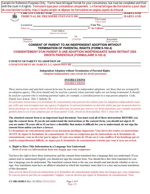 Form CC-DR-102BLF Consent of Parent to an Independent Adoption Without Termination of Parental Rights - Maryland (English/French)