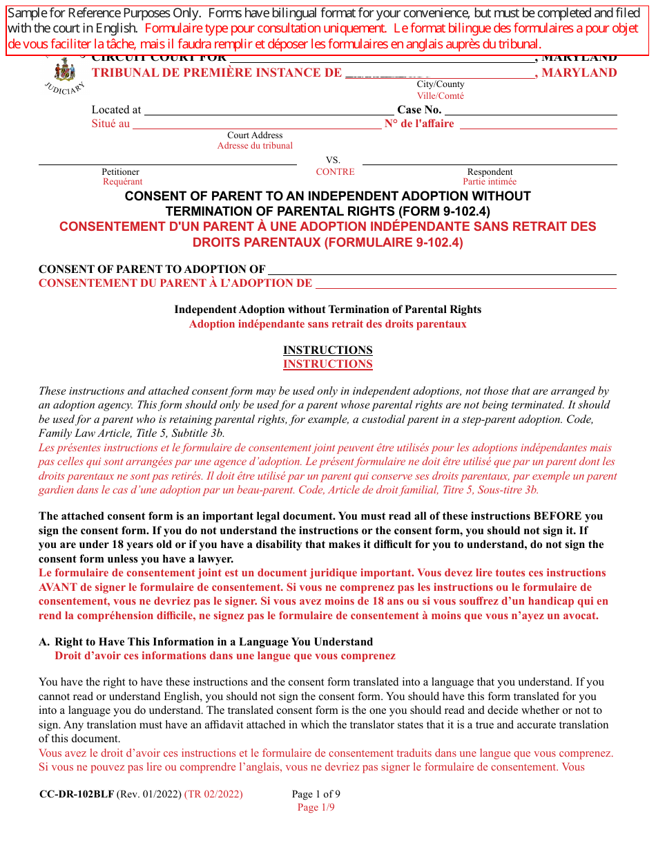 Form CC-DR-102BLF Consent of Parent to an Independent Adoption Without Termination of Parental Rights - Maryland (English / French), Page 1