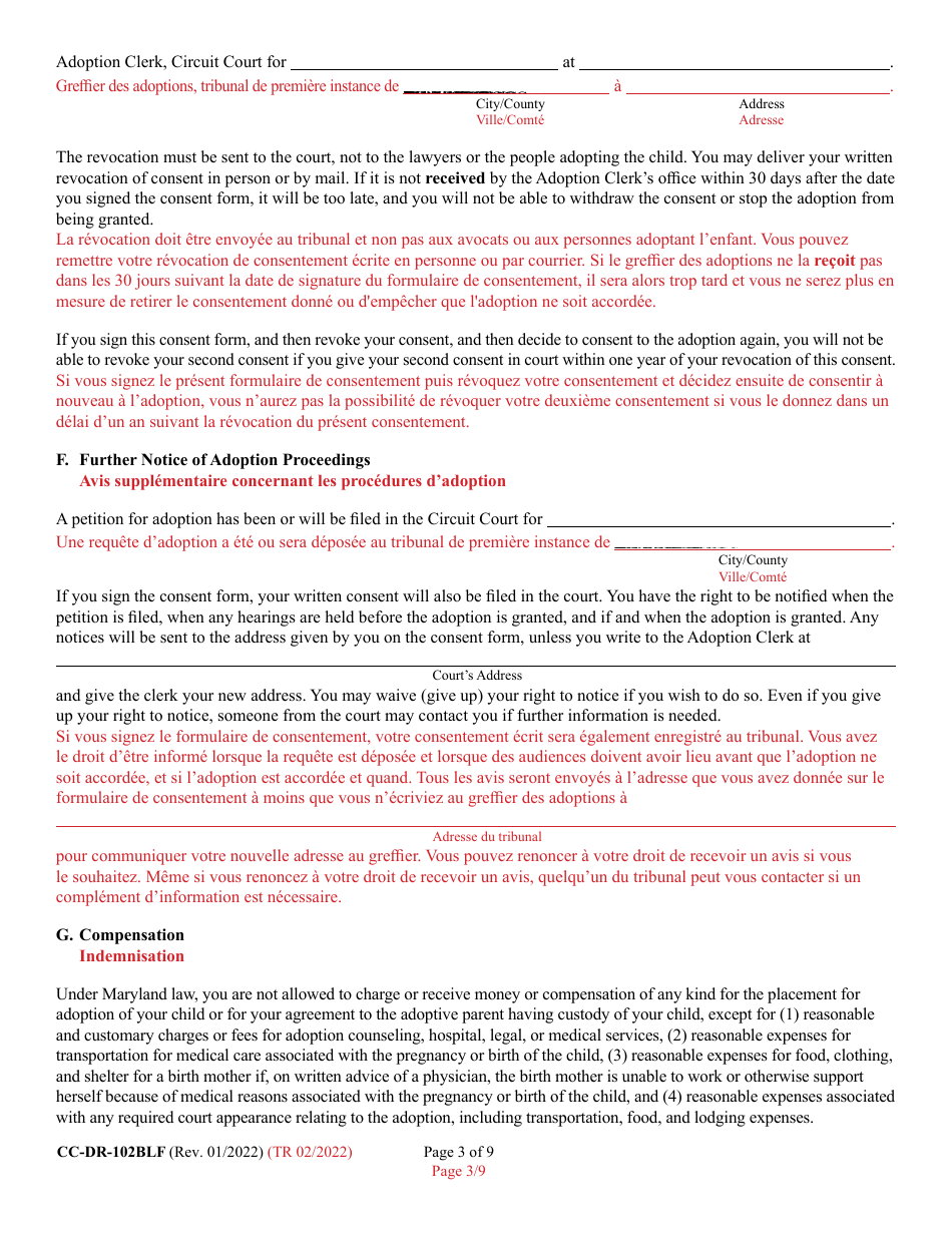 Form CC-DR-102BLF Consent of Parent to an Independent Adoption Without Termination of Parental Rights - Maryland (English / French), Page 3