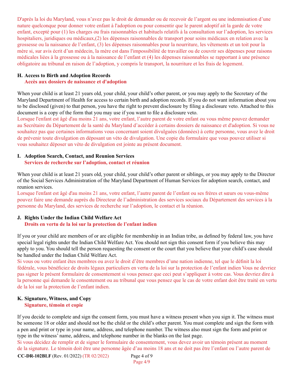 Form CC-DR-102BLF Consent of Parent to an Independent Adoption Without Termination of Parental Rights - Maryland (English / French), Page 4
