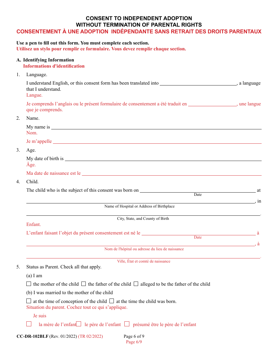 Form CC-DR-102BLF Consent of Parent to an Independent Adoption Without Termination of Parental Rights - Maryland (English / French), Page 6