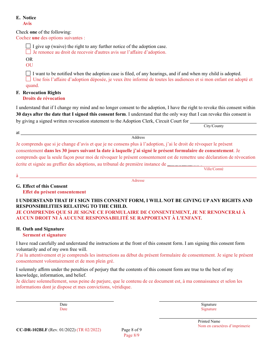 Form CC-DR-102BLF Consent of Parent to an Independent Adoption Without Termination of Parental Rights - Maryland (English / French), Page 8
