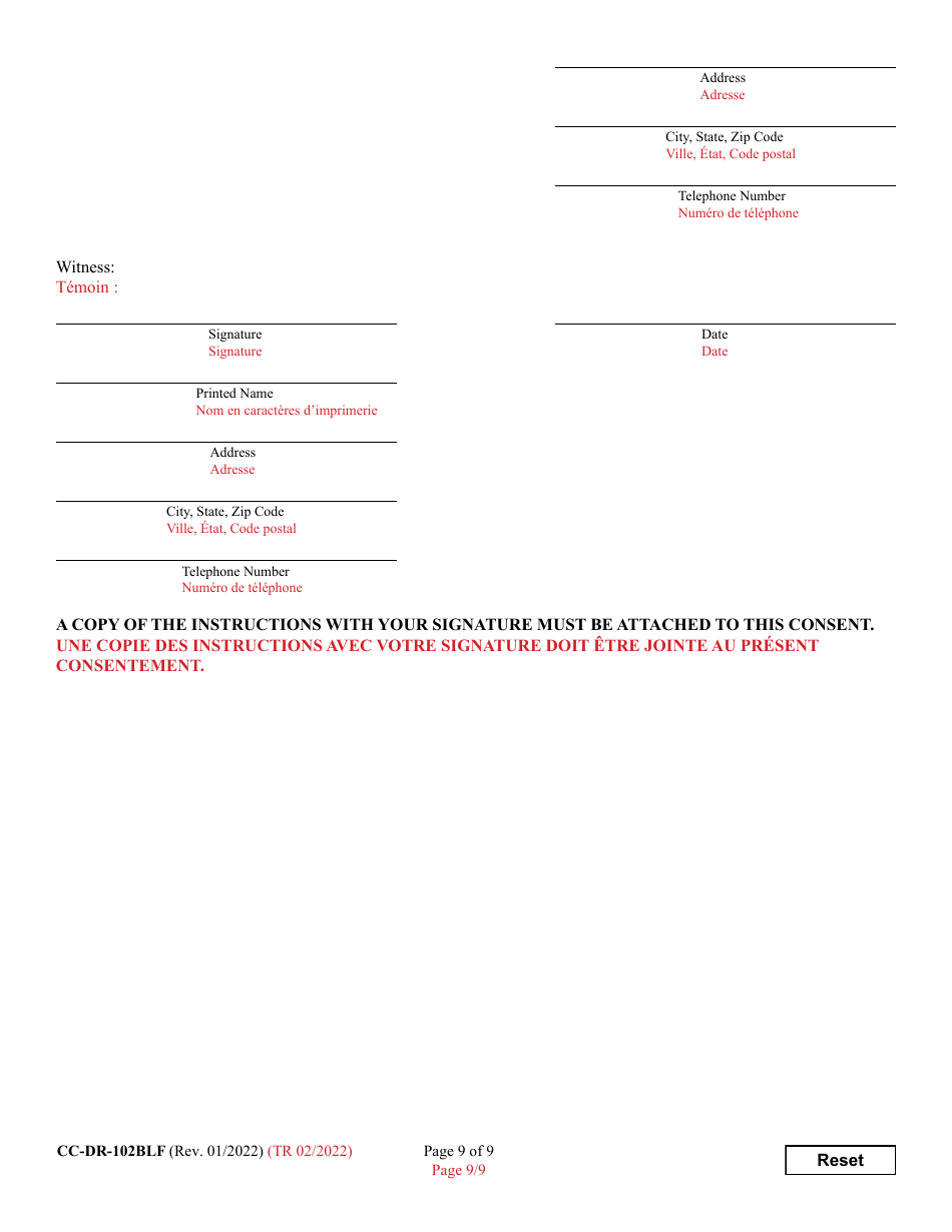 Form CC-DR-102BLF Consent of Parent to an Independent Adoption Without Termination of Parental Rights - Maryland (English / French), Page 9