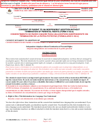 Document preview: Form CC-DR-102BLS Consent of Parent to an Independent Adoption Without Termination of Parental Rights - Maryland (English/Spanish)