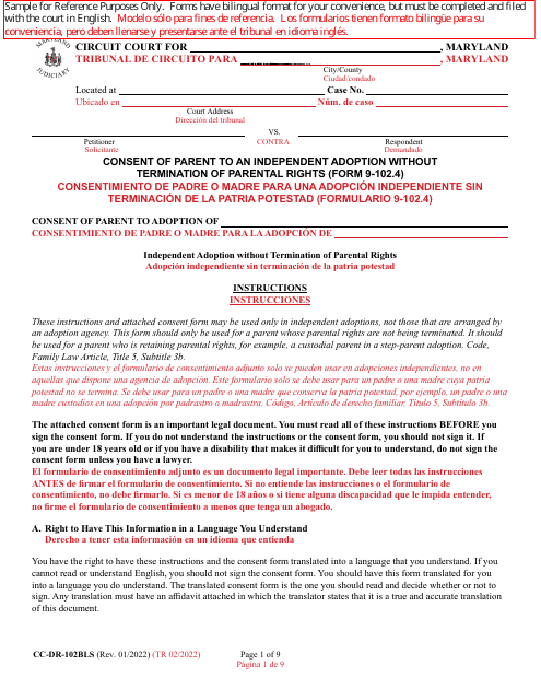 Form CC-DR-102BLS Consent of Parent to an Independent Adoption Without Termination of Parental Rights - Maryland (English/Spanish)
