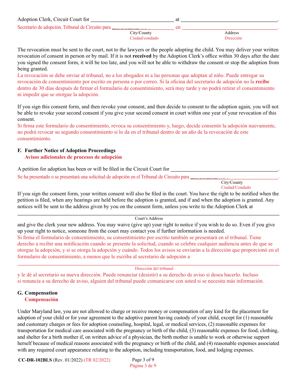 Form CC-DR-102BLS Consent of Parent to an Independent Adoption Without Termination of Parental Rights - Maryland (English / Spanish), Page 3