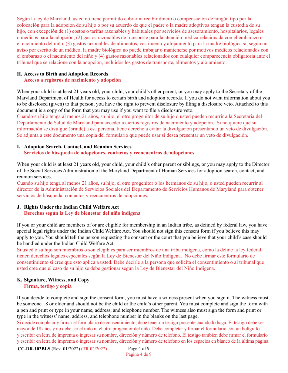 Form CC-DR-102BLS Consent of Parent to an Independent Adoption Without Termination of Parental Rights - Maryland (English / Spanish), Page 4