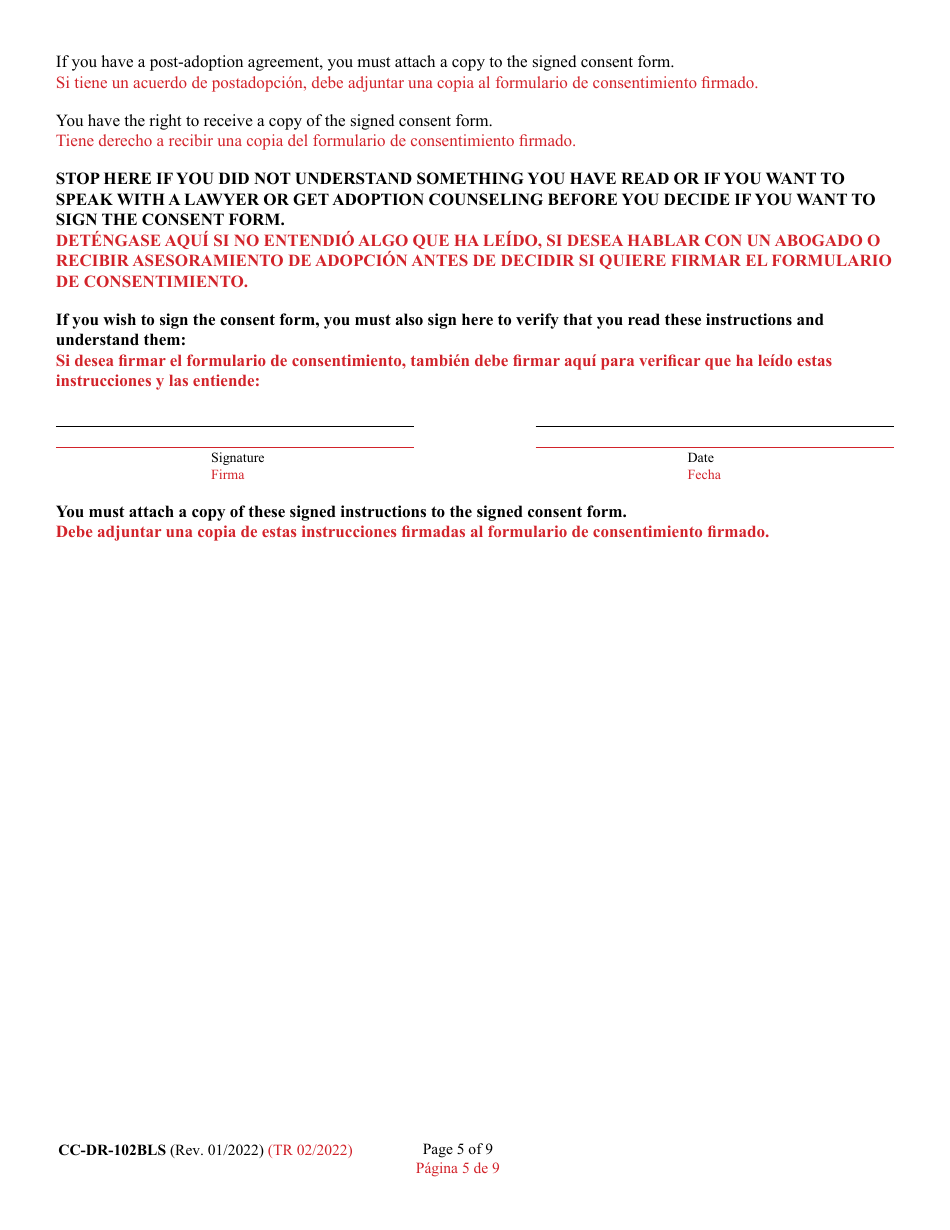 Form CC-DR-102BLS Consent of Parent to an Independent Adoption Without Termination of Parental Rights - Maryland (English / Spanish), Page 5