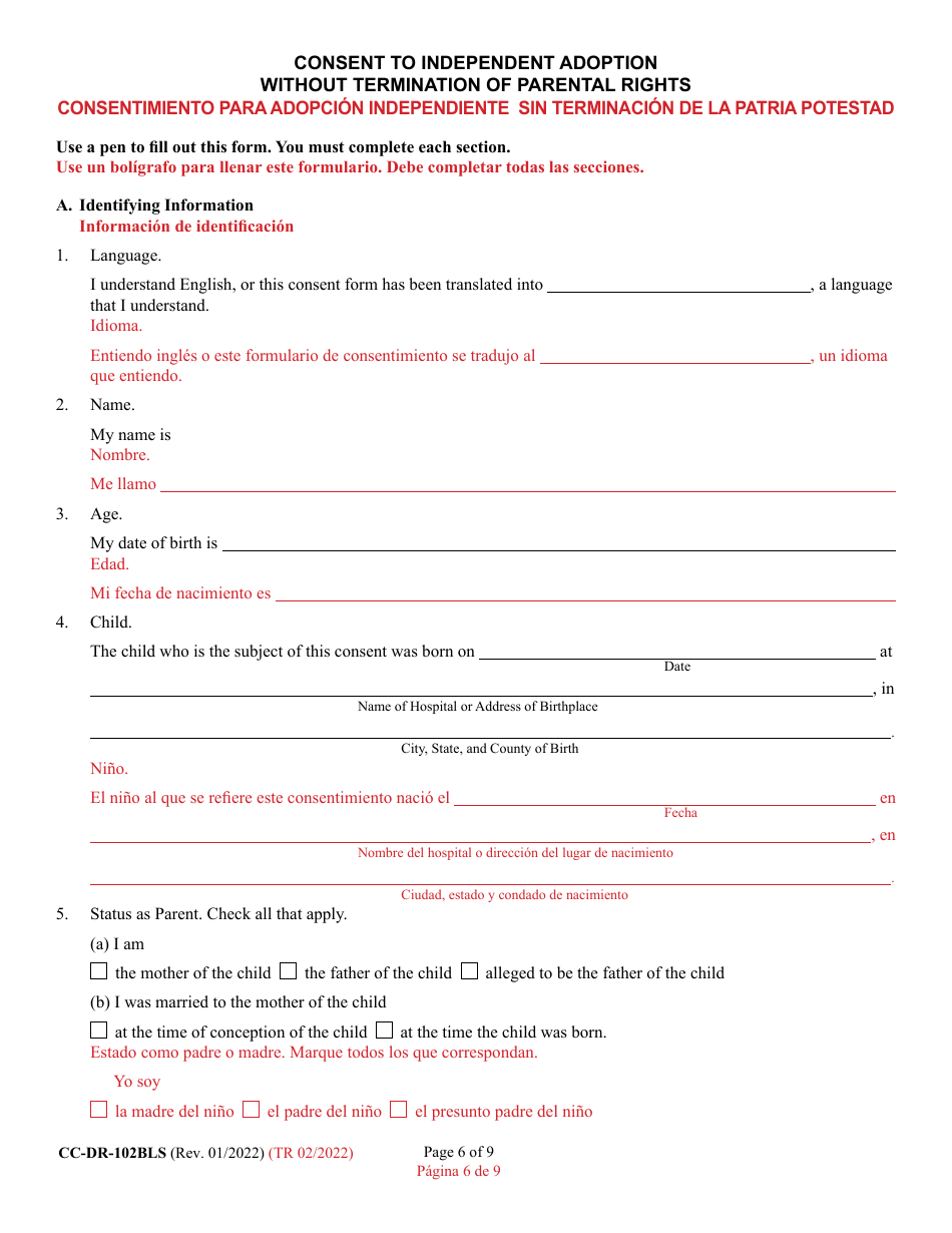 Form CC-DR-102BLS Consent of Parent to an Independent Adoption Without Termination of Parental Rights - Maryland (English / Spanish), Page 6