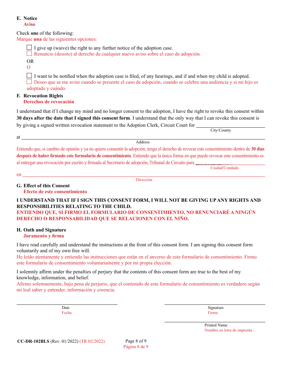 Form CC-DR-102BLS Consent of Parent to an Independent Adoption Without Termination of Parental Rights - Maryland (English / Spanish), Page 8