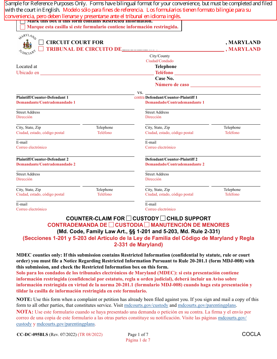 Form CC-DC-095BLS Counter-Claim for Custody / Child Support - Maryland (English / Spanish), Page 1