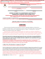 Document preview: Form CC-DR-101BLS Consent of Parent to an Independent Adoption With Termination of Parental Rights - Maryland (English/Spanish)