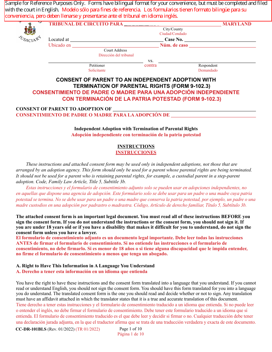 Form CC-DR-101BLS Consent of Parent to an Independent Adoption With Termination of Parental Rights - Maryland (English / Spanish), Page 1