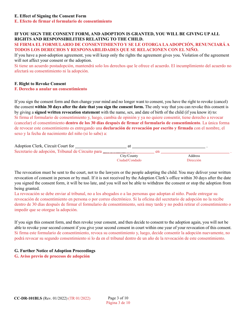 Form CC-DR-101BLS Consent of Parent to an Independent Adoption With Termination of Parental Rights - Maryland (English / Spanish), Page 3