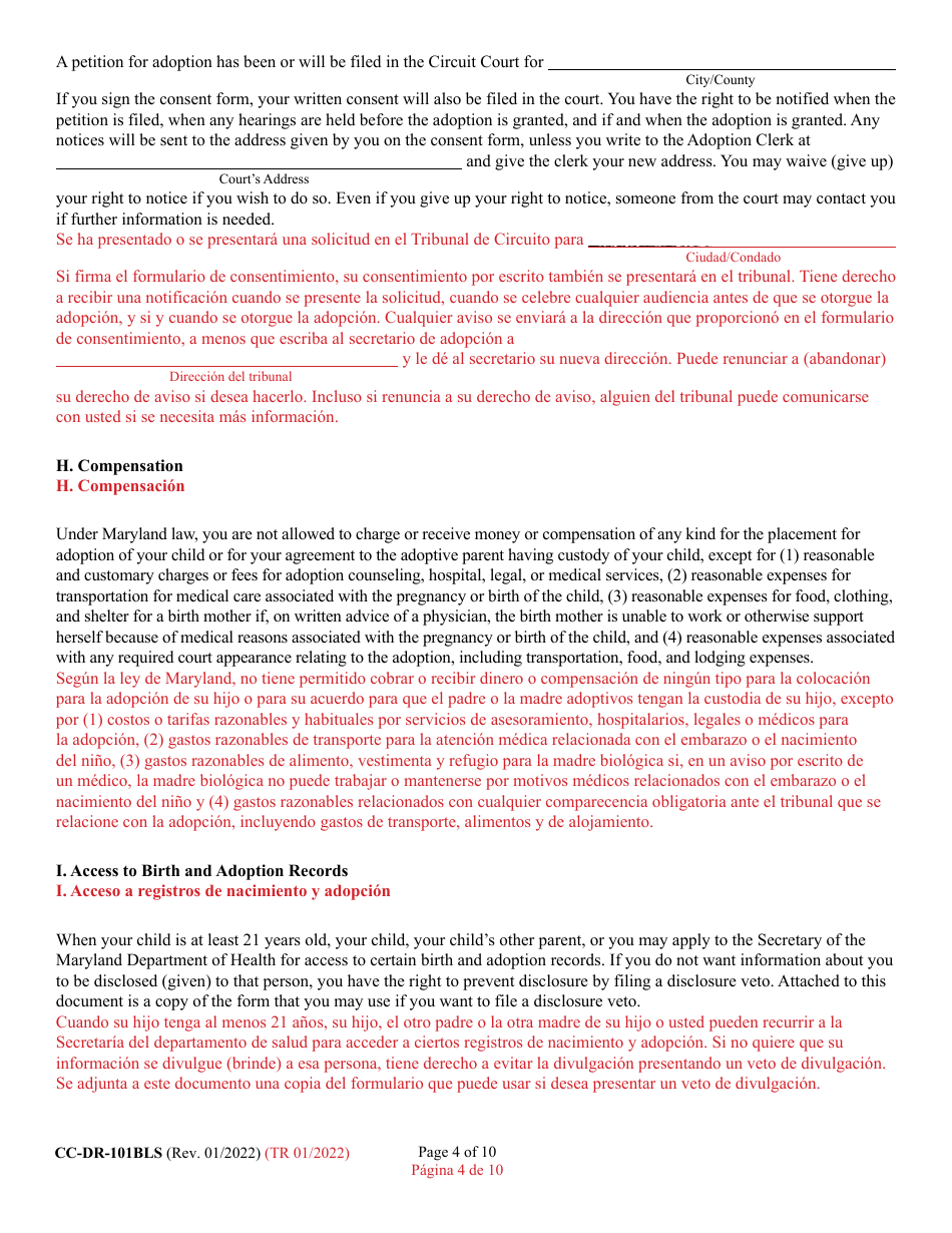 Form CC-DR-101BLS Consent of Parent to an Independent Adoption With Termination of Parental Rights - Maryland (English / Spanish), Page 4