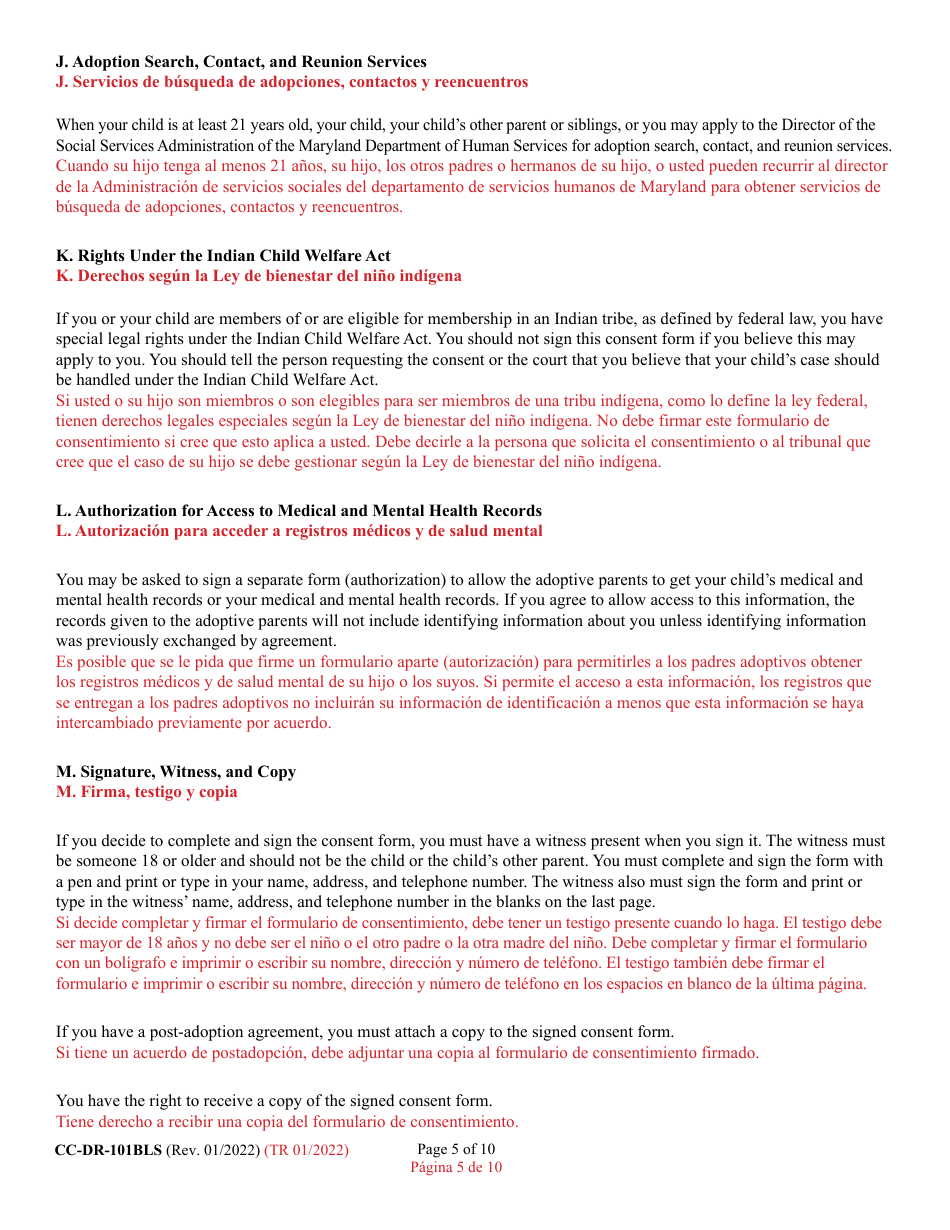 Form CC-DR-101BLS Consent of Parent to an Independent Adoption With Termination of Parental Rights - Maryland (English / Spanish), Page 5