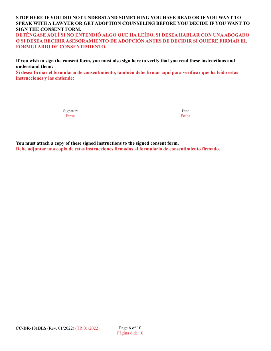 Form CC-DR-101BLS Consent of Parent to an Independent Adoption With Termination of Parental Rights - Maryland (English / Spanish), Page 6