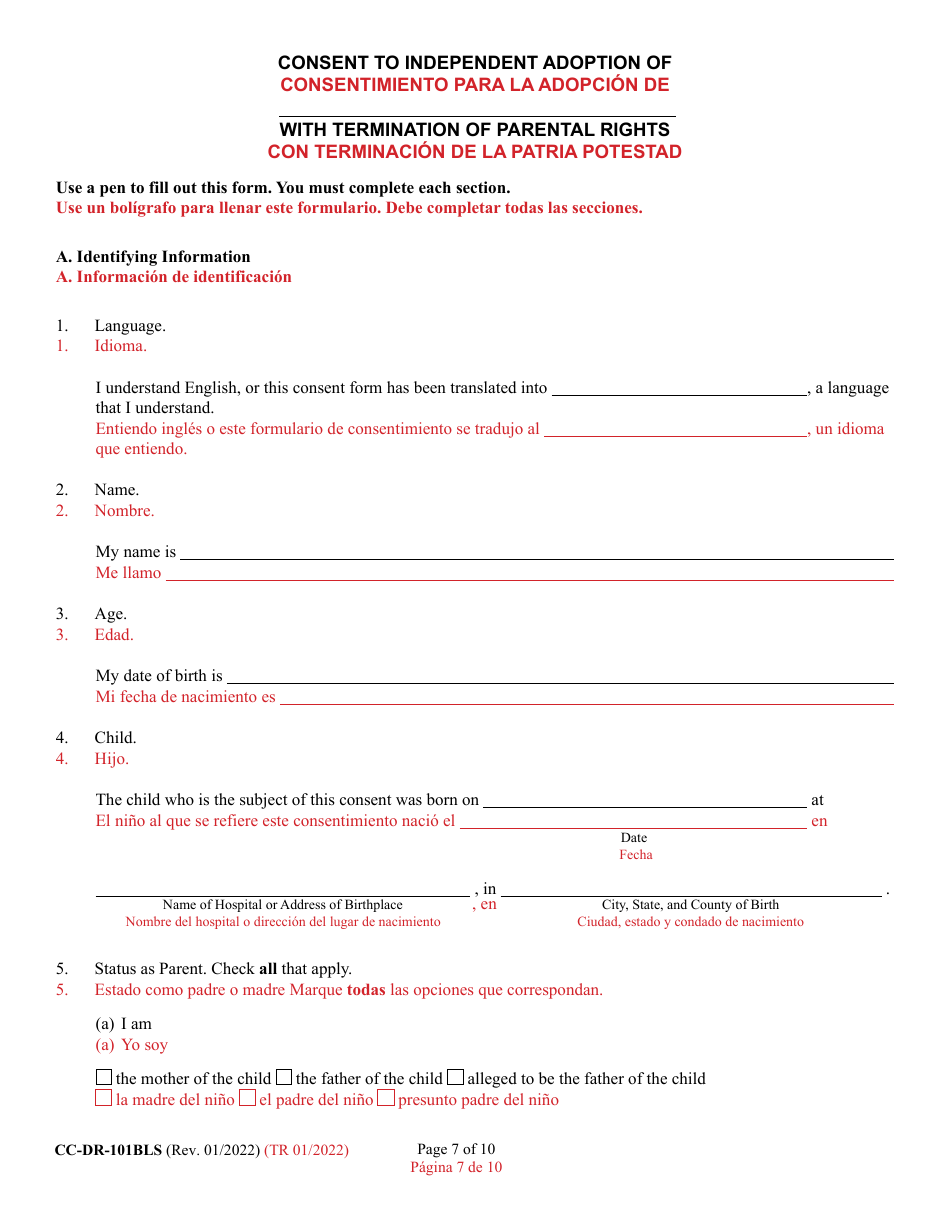 Form CC-DR-101BLS Consent of Parent to an Independent Adoption With Termination of Parental Rights - Maryland (English / Spanish), Page 7
