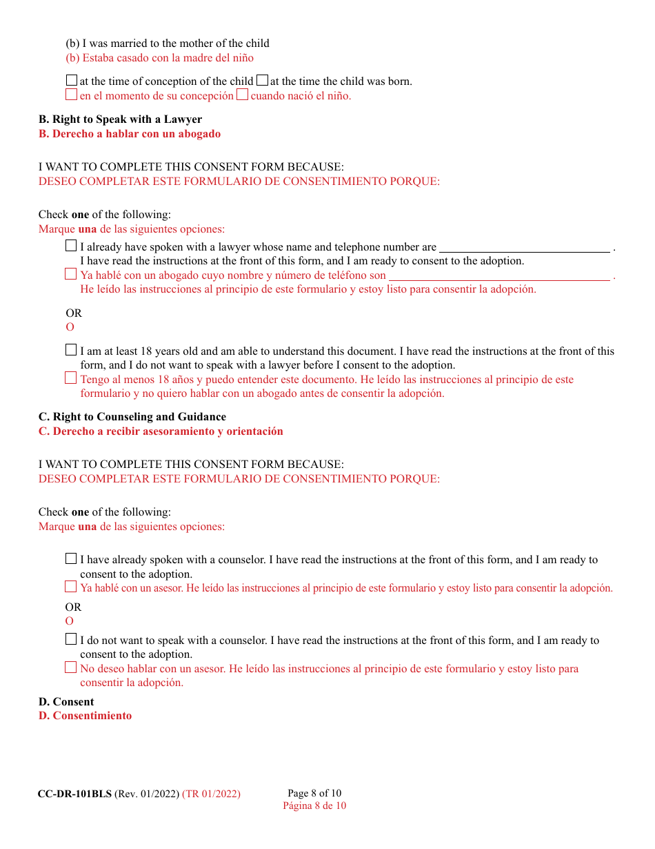 Form CC-DR-101BLS Consent of Parent to an Independent Adoption With Termination of Parental Rights - Maryland (English / Spanish), Page 8