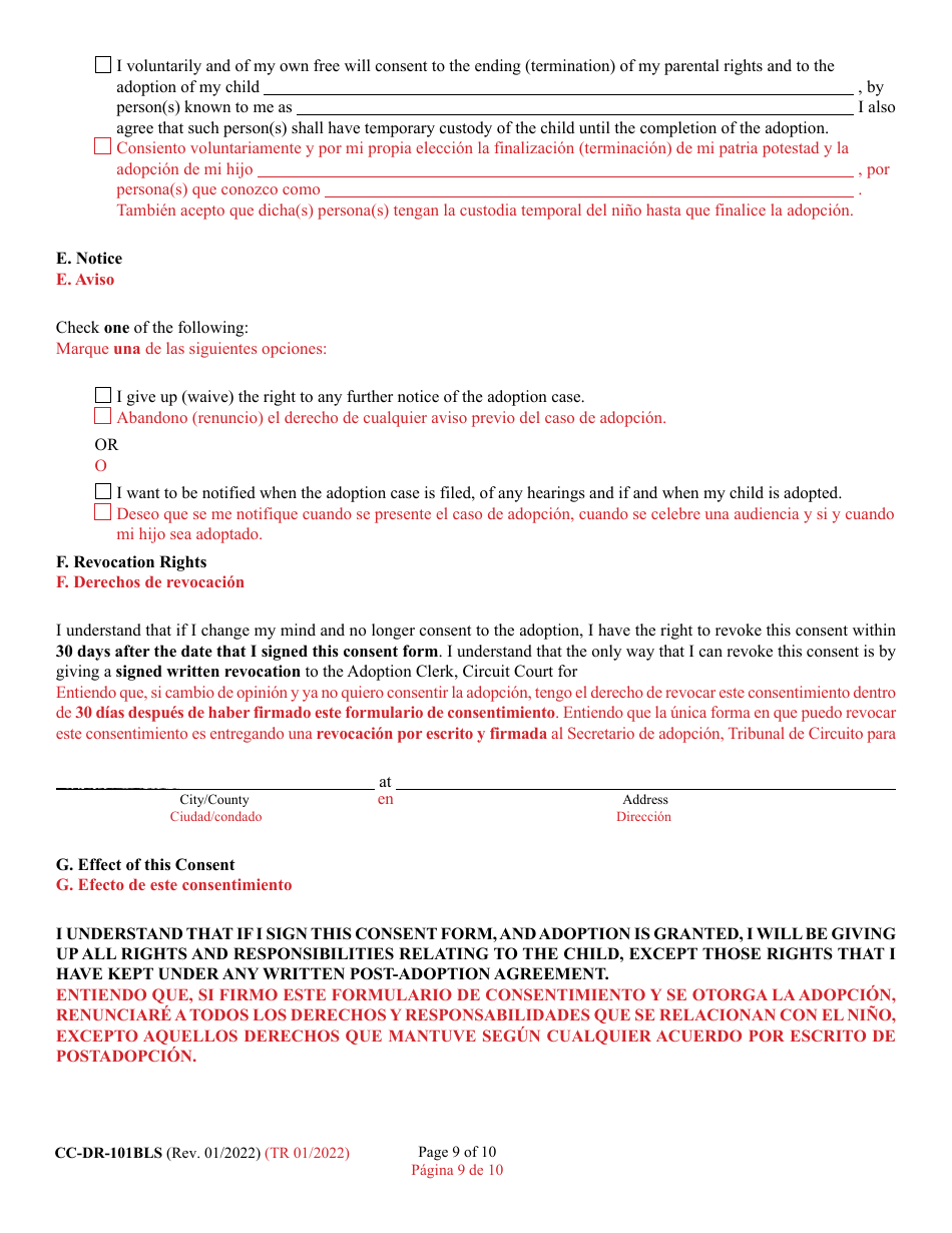 Form CC-DR-101BLS Consent of Parent to an Independent Adoption With Termination of Parental Rights - Maryland (English / Spanish), Page 9