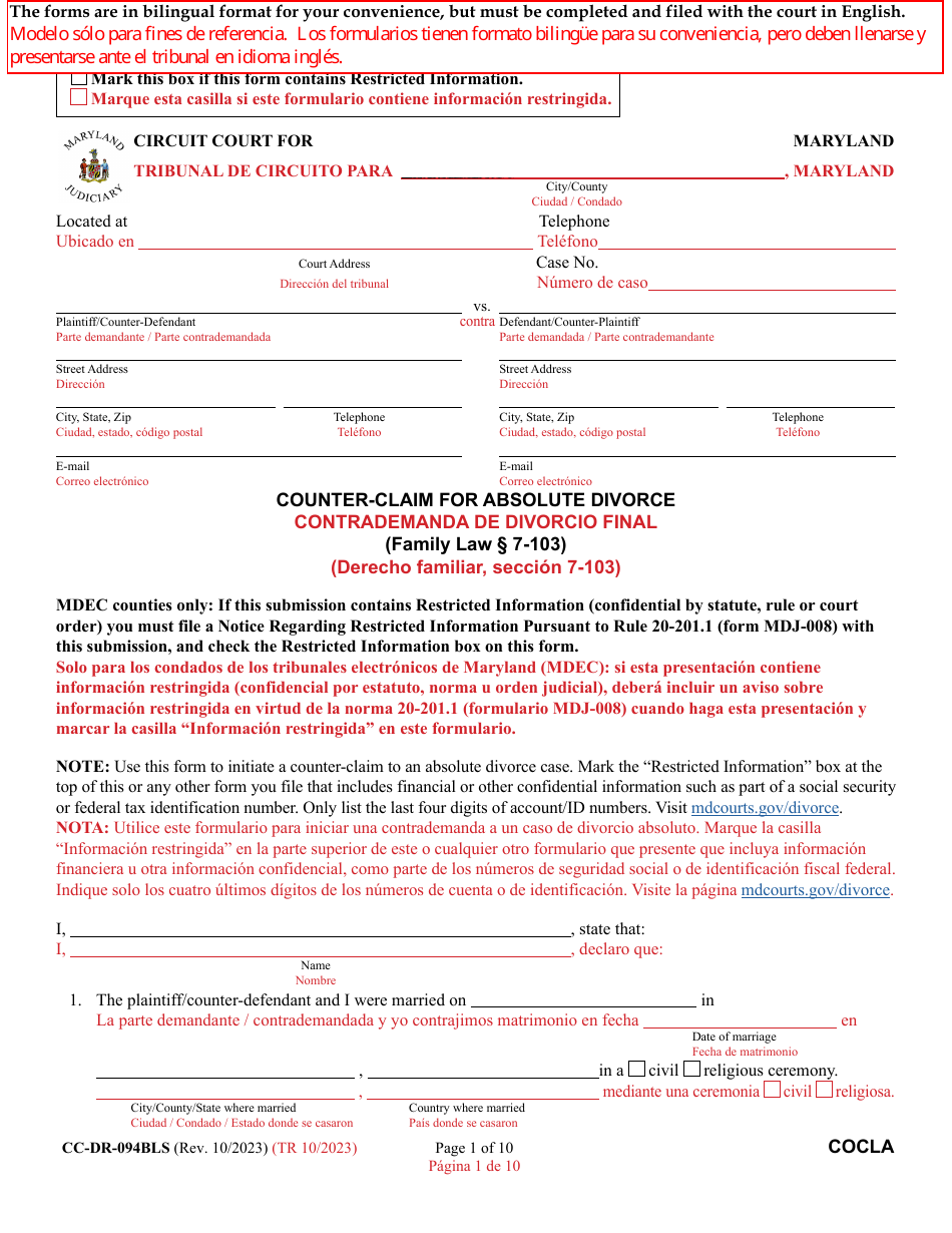 Form CC-DR-094BLS Counter-Claim for Absolute Divorce - Maryland (English / Spanish), Page 1