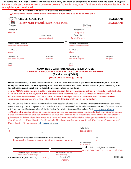 Form CC-DR-094BLF Counter-Claim for Absolute Divorcee - Maryland (English/French)