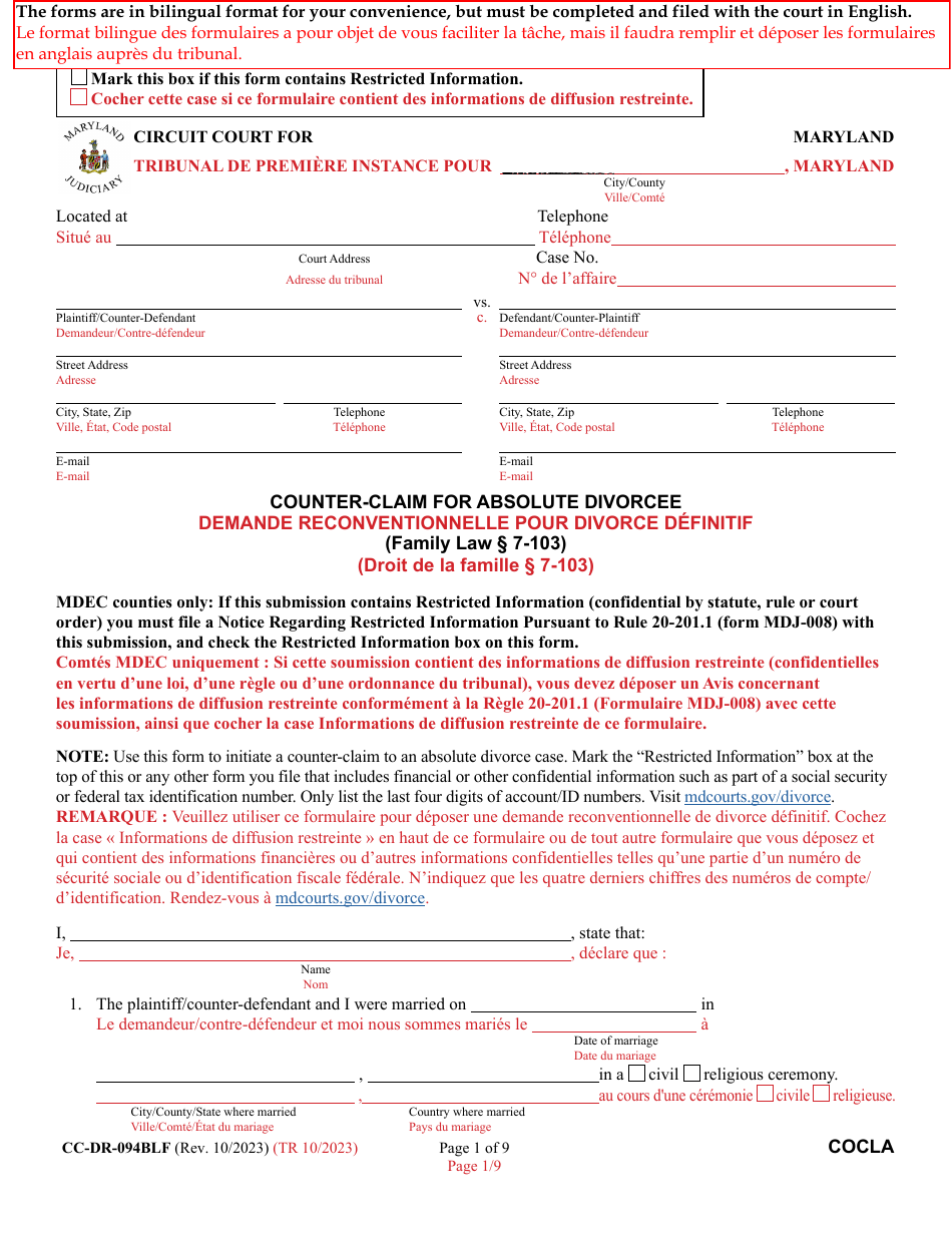 Form CC-DR-094BLF Counter-Claim for Absolute Divorcee - Maryland (English / French), Page 1