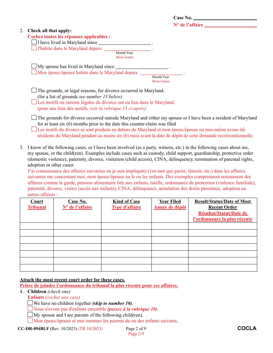 Form CC-DR-094BLF Counter-Claim for Absolute Divorcee - Maryland (English / French), Page 2