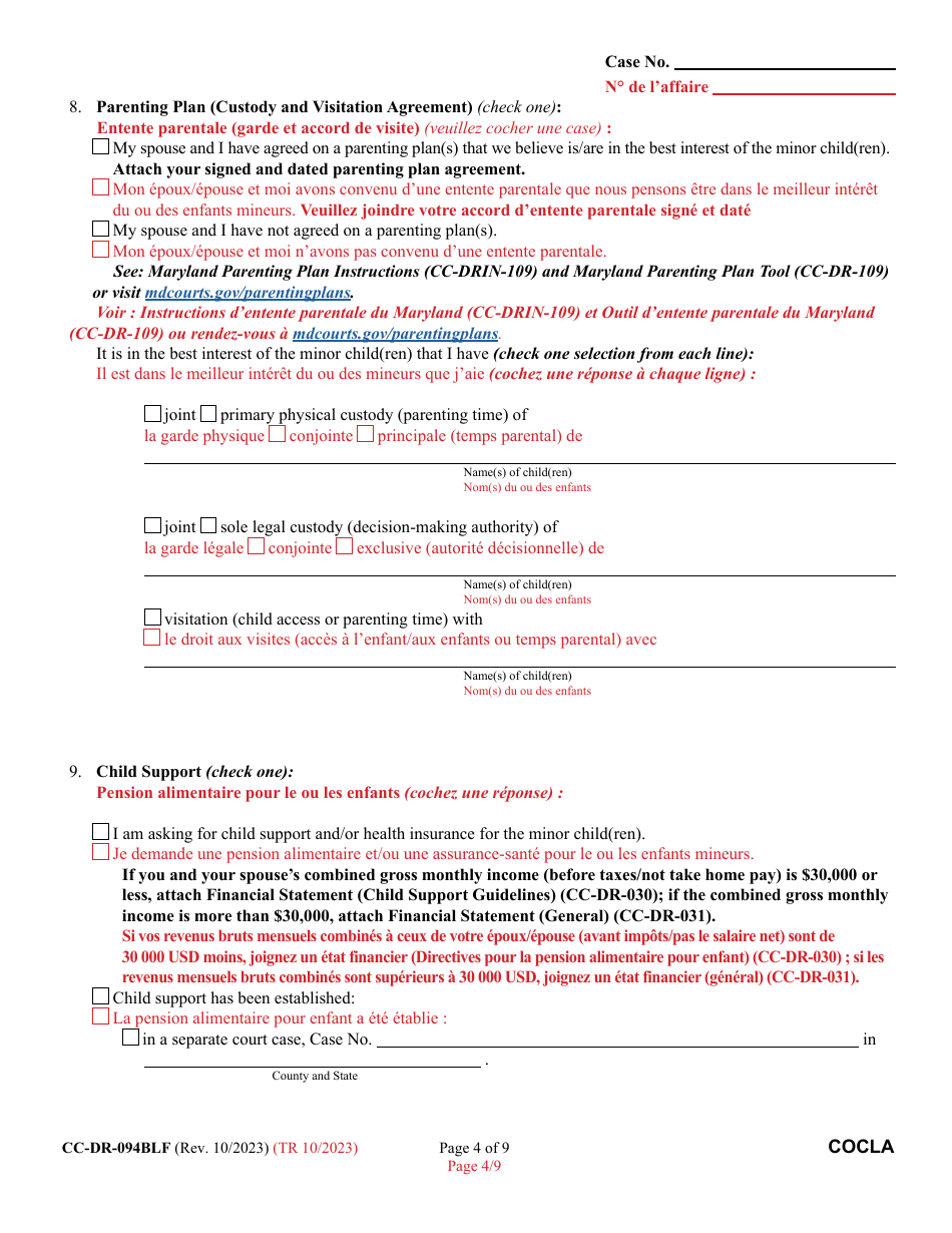 Form CC-DR-094BLF Counter-Claim for Absolute Divorcee - Maryland (English / French), Page 4