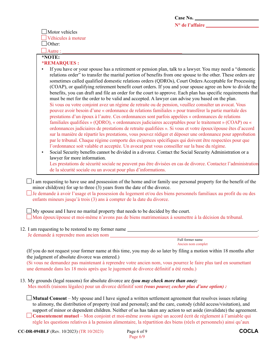 Form CC-DR-094BLF Counter-Claim for Absolute Divorcee - Maryland (English / French), Page 6