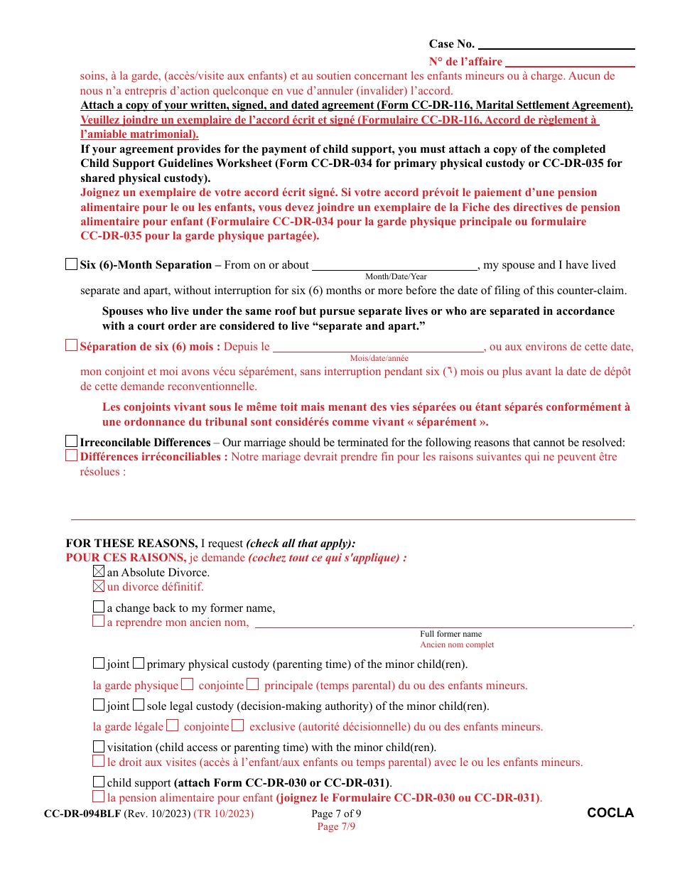 Form CC-DR-094BLF Counter-Claim for Absolute Divorcee - Maryland (English / French), Page 7